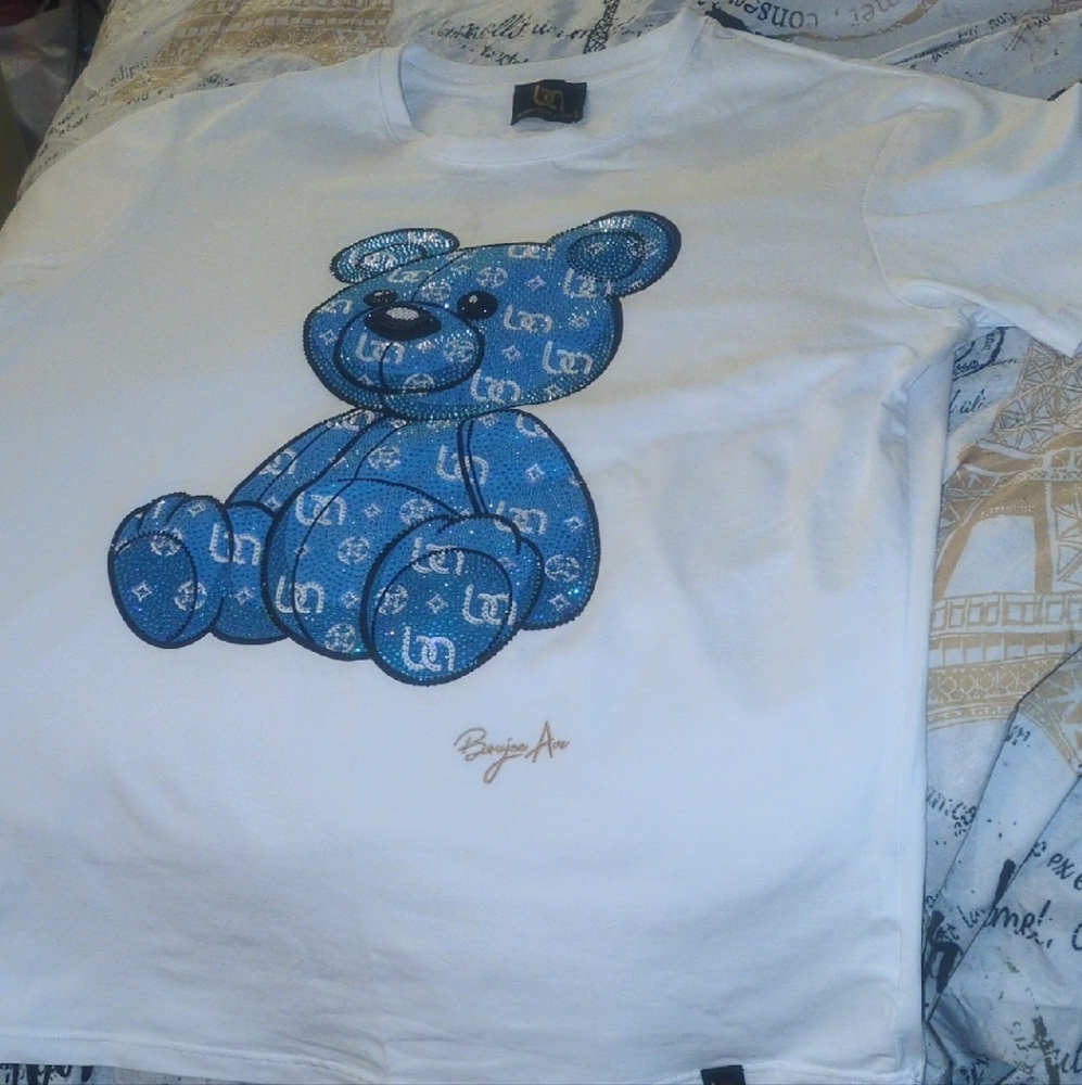 White and Blue Bear Pattern Short Sleeve Tee